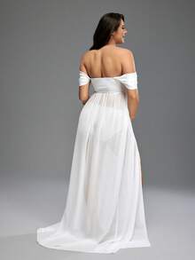 Maternity Off-Shoulder Split Solid Color Ruffle Crossover Dress, Photoshoot Wear - White - View 4