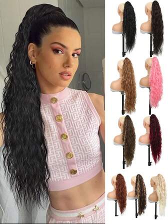 夹式马尾接发 合成卷发爪长波浪马尾接发 黑棕 锈棕 勃艮第金色 30 英寸卷曲马尾接发 女士蓬松自然合成假发 适合日常圣诞新年狂欢音乐节使用