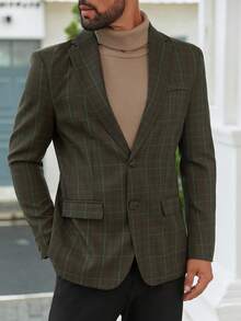 男士格子翻领长袖休闲商务西装外套 - 綠色 - 查看 8