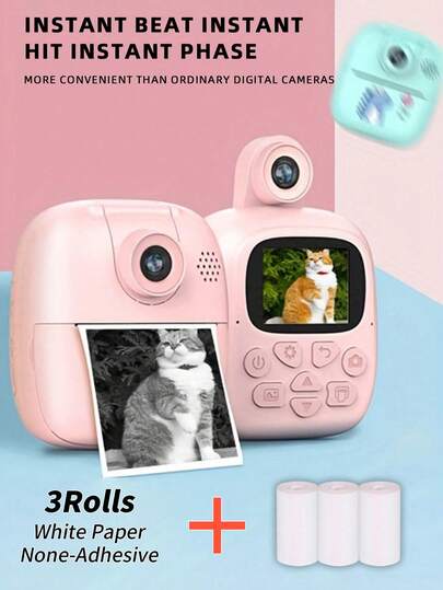 1台数码相机，附赠3卷热敏纸，2英寸高清屏幕，2400万像素，支持720P拍摄，内置1200mAh可充电电池，USB便携式充电，充电2小时即可充满，可连续拍摄2500张以上照片，180度翻转，适合多角度探索世界，一键照片打印。