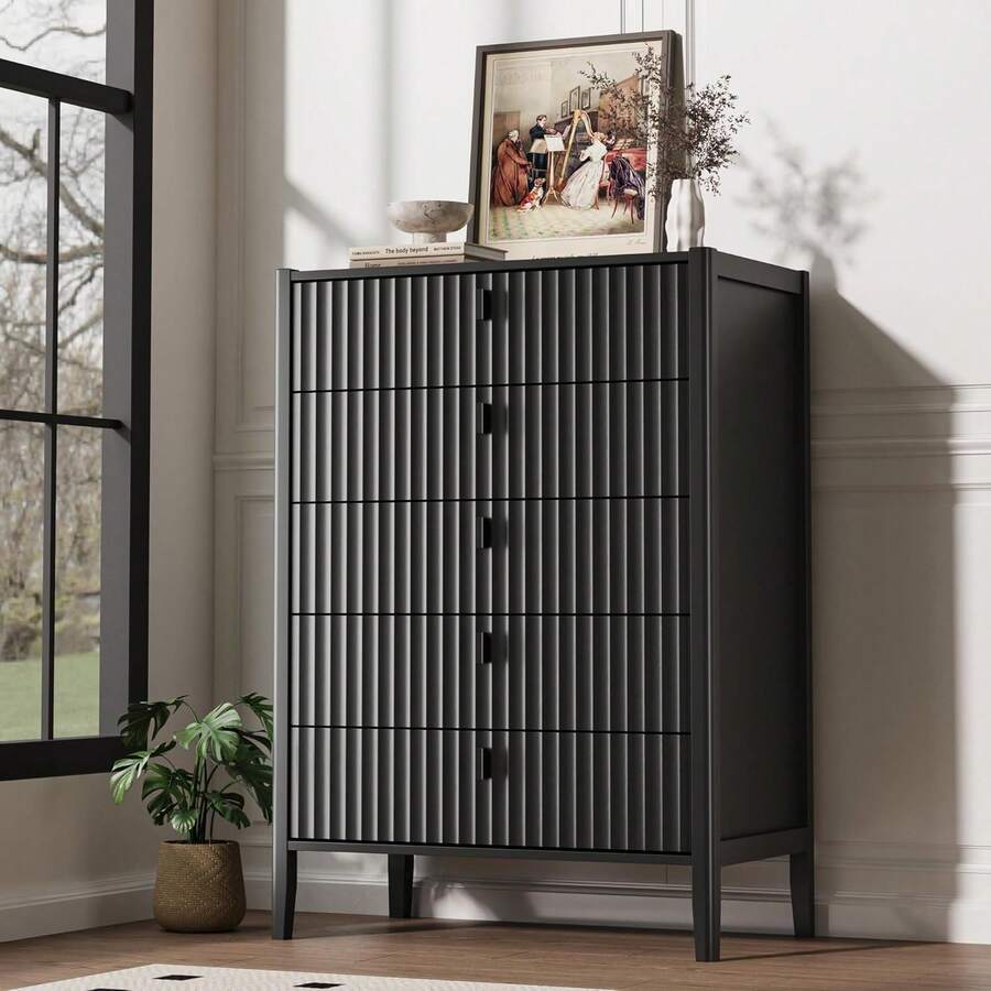 BVFUKA Black 5 Drawer Dresser, Fluted Wood Chest Of Drawers, Modern Dresser With Deep Drawers For Clothes, Large Capacity Storage Cabinet For Bedroom,Living Rooms,Offices And Entryways - 黑色 - 查看 1