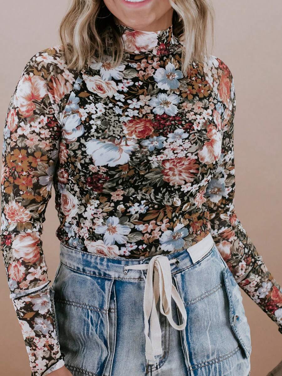 Acelitt Top à col roulé ajusté en maille à imprimé floral marron, manches longues, printemps/automne, vacances - Multicolore - Voir 1