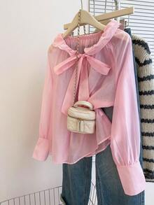 Leichte, transparente rosa Rüschen V-Ausschnitt Schleife Langarm elegante Bluse für Frauen, geeignet für Frühling/Sommer, Valentinstag - Pink - Übersicht 2