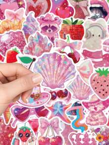 50pcs Magenta Girl Sticker Aesthetic Cartoon Decals For Waterbottle Laptop Luggage Guitar Scrapbook Journaling Phone Sticker - Hot Pink - View 3