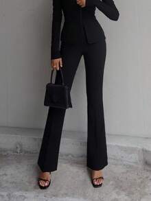 Women's Solid Black Casual Elegant High-Waisted Straight Leg Pants, Suitable For Daily Wear, Office Commute, Home, Dates, Small Parties, Light Social Occasions