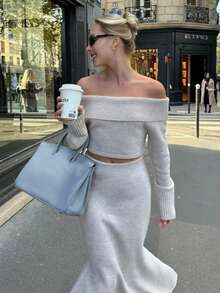 Women's Off-Shoulder Sweater, Solid Color Ribbed Pullover Dress Two Pieces Set, Casual Wear For Autumn/Winter
