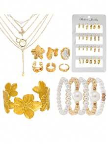 68/58/35pcs Chunky, Vintage, Boho, Elegant Style Geometric Knot, Heart, Butterfly, Faux Pearl, Crystal Bling Bling, Twist, Braided, Multi-Layer, Square, Star, Moon, Tassel Pendant Necklace, Earrings, Ring, Bracelet Jewelry Set, Fashion, Minimalist, Graceful, Retro Design, Suitable For Holiday, Party, Date, Gift, Daily Wear - Yellow Gold - View 5