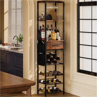 1.7 M Estante de Vino no Empotrado Para Piso,Clóset no Empotrado Para Barra de Vino,Rack de Vinos,Rack Para Botellas de Vino,Con Cajón de Tela y Bolsillos Laterales de Tela. (color retro)