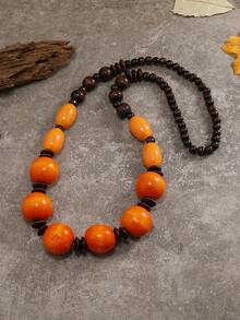 Handmade Bohemian Style Wooden Bead Long Necklace - Orange - View 5