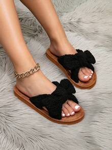 Women's Autumn/Winter Fashion Simple Sweet Cute Slouchy Casual Curly Wool Bow Black & Brown Flat Slippers, Suitable For Hotel Vacation, Party, Dinner, French INS Style Youthful Energetic Lightweight Comfortable Warm Black & Camel Indoor Home Slippers