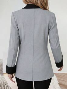 HOMEYEE 复古撞色拼布西装外套，优雅休闲商务办公装，长袖，秋冬 - 灰色 - 查看 2