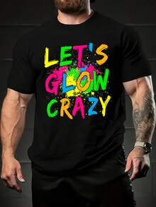 Men'S Retro Colorful Party T-Shirt With A Round Neck And Short Sleeves, Machine Washable, Featuring A Glow-In-The-Dark Graphic Print, Perfect For Nighttime Events And Gatherings. - 黑色 - 查看 3