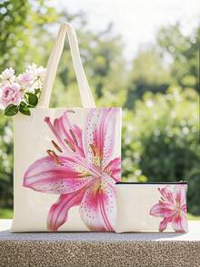 Cute Floral Print Handbag Set, Commuter Holiday Pink Floral Pattern Canvas Bag - Women'S Fashionable Arm Bag With A Small Zipper Cosmetic Bag, Reusable Shopping Bag And Compact Design, Suitable For Daily Use, Perfect Holiday Birthday Gift For Friends, Teachers, Christmas Gifts, Halloween Gifts