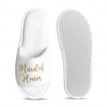 伴娘刺绣标志一脚蹬拖鞋，白色珊瑚绒材质，一次性婚礼派对拖鞋 - 金色刺繡maid of honor - 查看 5