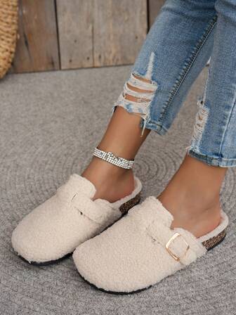 Women's Fashion New Plush Slip-On Slippers, Comfortable For Indoor/Outdoor, Vacation, Casual, Versatile Flat Sandals