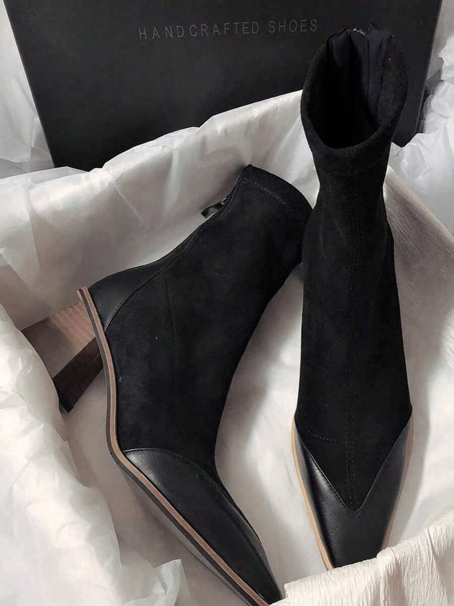 Giày bốt cao gót ôm sát bằng da lộn mới cho mùa Thu/Đông, bốt cổ ngắn kiểu Hàn Quốc tối giản đa năng, bốt dành cho nữ.