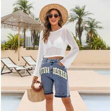 Basic Denim Shorts, Y2k Vintage Washed Light-Colored Denim Capri Pants, High-Waisted Loose Straight-Leg Wide-Leg Shorts/Shorts, Summer Outfits,4th Of July Outfit Women - 藍色 - 查看 3
