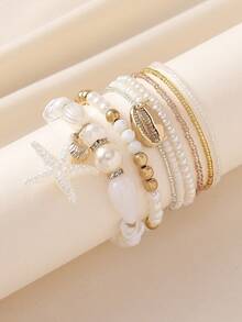 7件套海洋风仿珍珠树脂海星贝壳串珠多层手链套装，波西米亚风格，适合女性，海滩、度假、休闲佩戴，节日礼物，新娘手链，新娘首饰，时尚首饰 - 彩色 - 查看 10