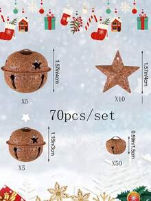 Set de 50 de clopoței de Crăciun vintage + 10 ornamente metalice în formă de stea, potrivite pentru bradul de Crăciun, meșteșuguri DIY pentru casă, decor de Crăciun pentru casă, decorațiuni suspendate cu tematică vintage de Crăciun, decorațiuni de Crăciun pentru interior și exterior, decor de cameră de iarnă