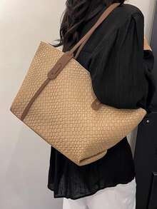 Dedoo 女士多功能纯色编织图案PU皮革手提包，简约大容量顶部提手单肩包，休闲轻便通勤手提包，适合日常办公，时尚防水方形户外旅行购物斜挎包 - 卡其色 - 查看 3