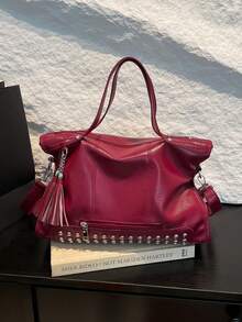 Fashionable New Women's Large Capacity Tote Bag, Minimalist Streetwear Style With Rivet Decor, Multiple Pockets, Zipper Closure, Tassel Pendant, Metal Zipper, Versatile For Travel, Shopping, Commuting