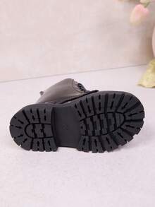 1 Pair Black Toddler Girls' Boots, Solid Color Soft PU Material, Colorful Bow Decor, Round Toe, Lace-Up, Warm Thick Sole, Fashion & Cute Princess Style Leather Boots, Suitable For 3-12 Years Old Girls, Casual, Holiday, School, Autumn/Winter - Black - View 8
