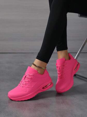 Lace-Up Leather Rose Red Outdoor Running Shoes, Fashionable Walking Shoes For Women, Comfortable Breathable Thick-Soled Cushioned Sports Shoes For Spring, Autumn, Winter, Suitable For New Year Holiday, Spring Shoes, Spring Break, Easter, Christmas, Valentine's Day