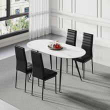 Dining Table And Chairs Set 4, Extendable Table With 4 Faux Leather Chairs For Dining Room, Kitchen, 4 Seater Room Set - White Marble Table + 4 Black PU Chairs - View 3