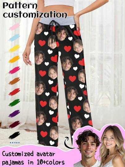 Customized Women's Pajama Pants, Unique Couple's Portrait, Couple's Face Replacement And Pet Face Swap,New Year's Eve Outfit