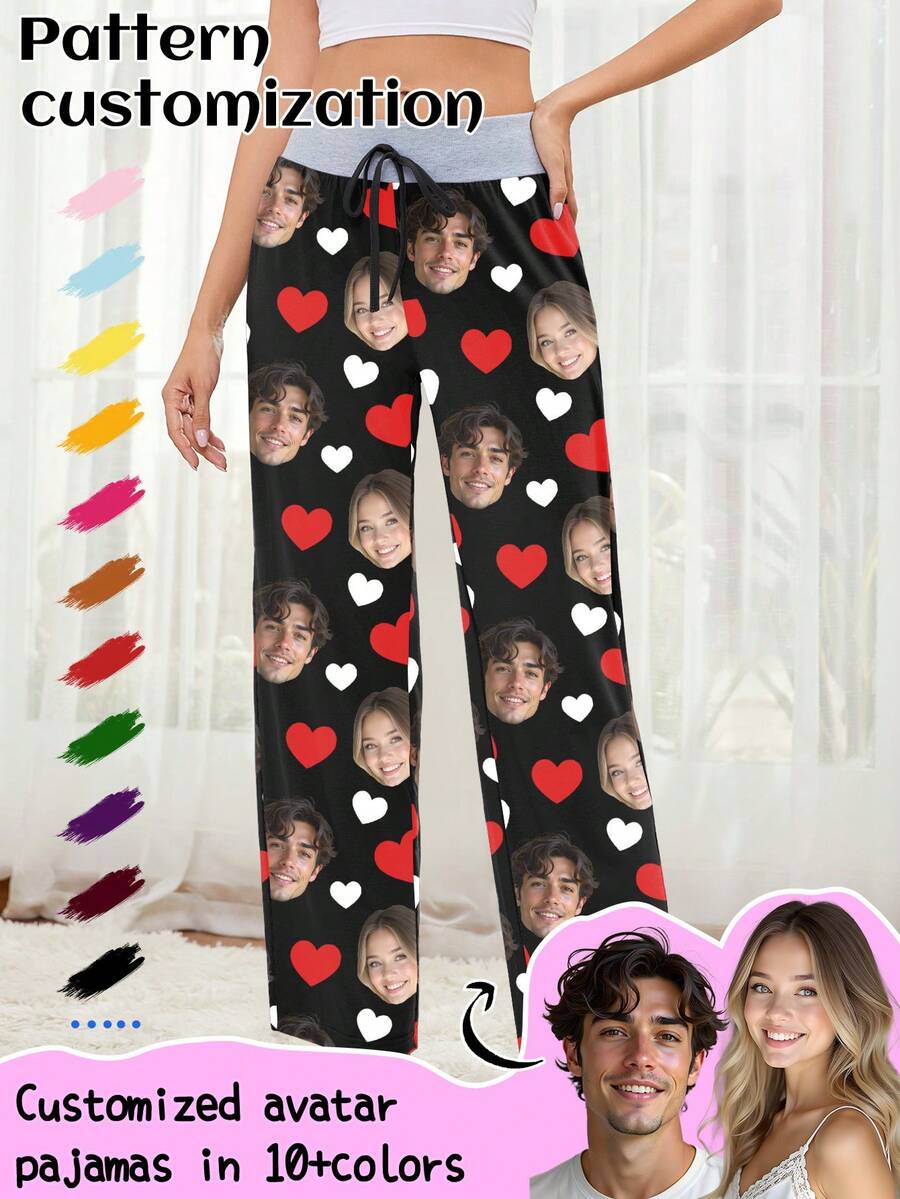 Customized Women's Pajama Pants, Unique Couple's Portrait, Couple's Face Replacement And Pet Face Swap,New Year's Eve Outfit