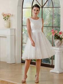 Plain Party Elegant Elaborate Glitter Zipper Backless Wedding Dress Party Graduation Party Formal & Evening Prom Homecoming Bride - 白色 - 查看 1