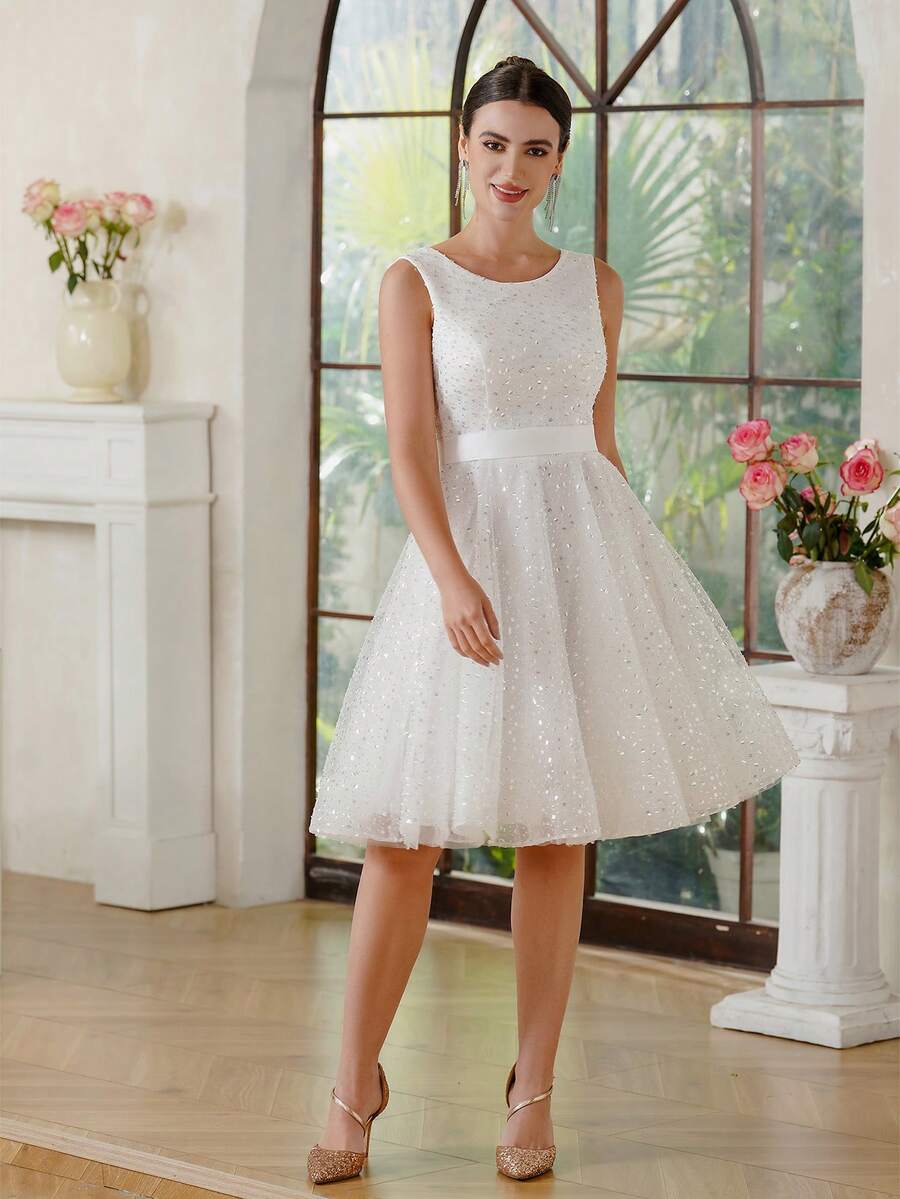 Plain Party Elegant Elaborate Glitter Zipper Backless Wedding Dress Party Graduation Party Formal & Evening Prom Homecoming Bride - 白色 - 查看 1