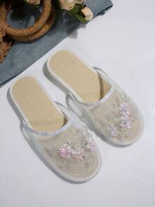 白色露背穆勒拖鞋，透氣編織刺繡平底套腳鞋，優雅休閒室內/室外舒適平底涼鞋，夏季鞋款 - 白色 - 查看 6