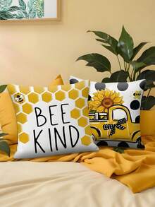 1PC Yellow Sunflower Bee Bow Digital Printed Linen Pillowcase, Living Room Sofa Cushion - Multicolor - View 4