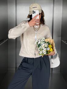 秋冬优雅女装秋冬上衣秋冬女装针织外套卡其色秋冬时尚新款女装针织上衣优雅休闲舒适时尚纯色中式盘扣结饰设计点缀圆领上衣长袖短款开衫毛衣2025新款！ - 卡其色 - 查看 6