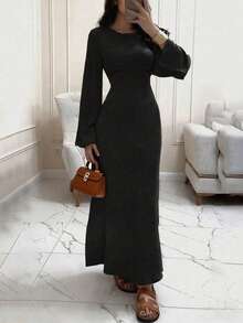 Spring Autumn Elegant Round Neck Long Long Sleeve Dresses Tie Belt Dresses Back To School Season