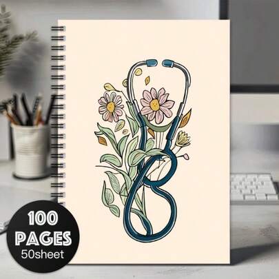 1pc Nurse Stethoscope Medical Spiral Notebook Journal - 100 Pages, Floral Design With Pastel Colors, Perfect For Nurses, Doctors, And Medical Students, Ideal Graduation Gift Or Office Use, Student Stationery | Floral Nurse Journal | Durable Spiral Binding, Nurse Gifts