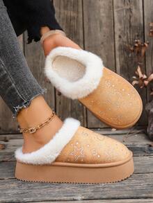 Botas cortas de mujer de unicolor con forro de peluche y falso pelo, botas de nieve para el hogar en invierno