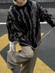 BAI YUE Streetwear Essentials: A Versatile, On- Collection Niche Design Color-Blocked Pullover Knit Sweater For Men, For Fall Winter, Grunge Style