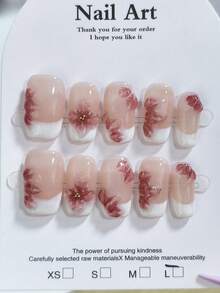 10片裸肤法式少女3D粉色花卉图案美甲贴片，手工制作，全覆盖法式方型中长款，三维手绘花朵雕刻设计，亮泽光亮，粉白相间，鸭嘴形高端简约度假风立体雕刻优雅美甲贴片，美甲用品，手工美甲贴片 - 彩色 - 查看 4