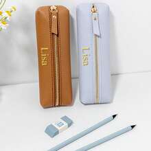 Costomized Letters PU Pebble Leather Office Zipper Pen Case, Personalized Student Pencil Bag, Large Capacity Handmade Creative School Stationary Organizer Pen Bag Pouch, PU Storage Peicil Case - Brown - View 5