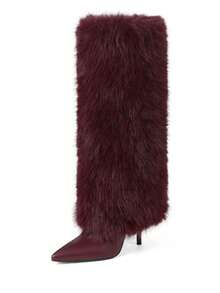 Women's Fluffy Fur Pointed Toe Stiletto Heels Knee High Boots Holiday Vacay Vibe For Elegant Fashionable Boots Spring Summer Party Evening Gala - 酒紅色 - 查看 2