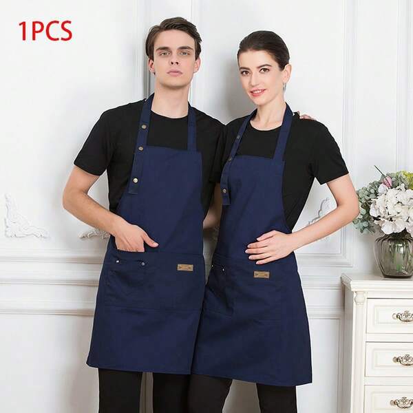 1 pieza Delantal unisex para cocina, camarero, restaurante, bolsillo, ajustable, con cuello colgante, de poliéster, ligero, delgado y transpirable, para mujer, hombre, tienda de uñas, salón de belleza