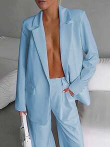 Elegant Business Casual Two-Piece Suit, Single Button Lapel Suit Jacket And Slim Fit Pants, Women's Clothing - 淺藍色 - 查看 3