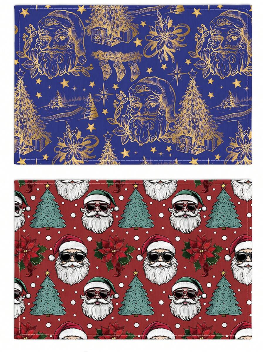 Christmas Santa Claus Fashion Glasses Linen Placemats, Heat Insulation Pads, Food Mats, Restaurant Supplies, Restaurant Decor, Outdoor Picnic Mats, Holiday Gifts, Suitable For Restaurants, Kitchens, Outdoor, Picnics, Holidays - Multicolor - View 1