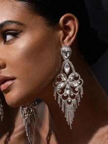 1pair Exaggerated Gold Tone Fringe Earrings With Rhinestone Flower Design Valentines,Mom,Mother,Mother's Day,Gift - Gold - View 10