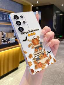 1pc Pumpkin & Bat Pattern Phone Case, Precise Cutout Camera Protection Compatible With Samsung, Apple, Nothing, Pixel, INFINIX, Redmi - Clear - View 2