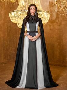 Vestido de noche maxi de mujer UNITHORSE con cuello alto, manga extra larga, aplicaciones, imitación de lyocell, ajuste ceñido y temperamento, vestido de novia - Blanco y Negro - Ver 2