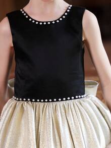 少女金色蝴蝶结 V 领花童派对礼服，优雅的女童公主裙，适合儿童生日派对、花童婚礼、舞会、重要场合和节日