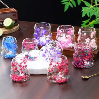 1pc Heat-Resistant Double-Layer Dried Flower Glass Cup, Unique Design, Glass Cup, Kitchen Supplies, Glass, Mug, Coffee Cup, Straw Cup, Handled Milk Tea Cup, Suitable For Wedding Supplies, Friends Gathering, Birthday Gifts, Camping Essentials, Camping, Wedding Gifts, Mother's Day, Father's Day, Halloween, Christmas, Christmas Gifts, Bottles/Jars With Prints & Textures